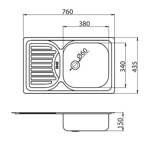 NOVASERVIS nerezový dřez 760x435 mm, otočný, odkapávač DR43/76 Technický nákres