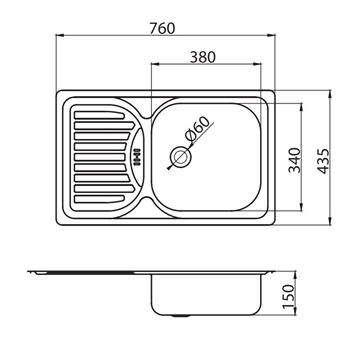 NOVASERVIS nerezový dřez 760x435 mm, otočný, odkapávač DR43/76 Technický nákres