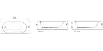 JIKA LYRA PLUS vana 150x70 cm, s nožičkami, akrylát H2298390000001 Technický nákres