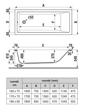 JIKA CUBITO PURE vana 180x80 cm, bez nožiček, akrylát H2234200000001 Technický nákres