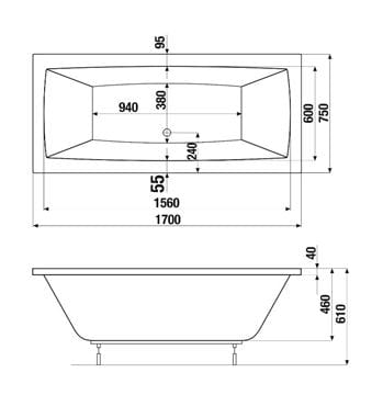 JIKA CUBITO PURE vana 170x75 cm, s nožičkami, akrylát H2264200000001 Technický nákres
