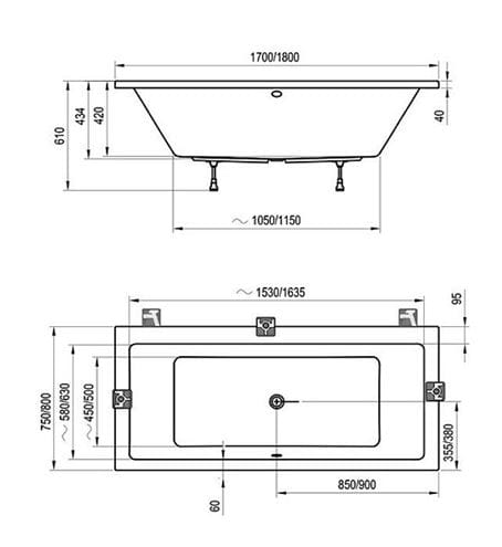 RAVAK FORMY 01 vana 180x80 cm, bez nožiček, akrylát C881000000 Technický nákres