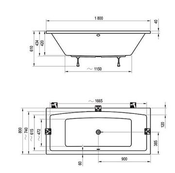 RAVAK FORMY 02 vana 180x80 cm, bez nožiček, akrylát C891000000 Technický nákres