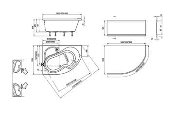 RAVAK ROSA I 140 rohová vana 140x105 cm, bez nožiček, akrylát CV01000000 Technický nákres