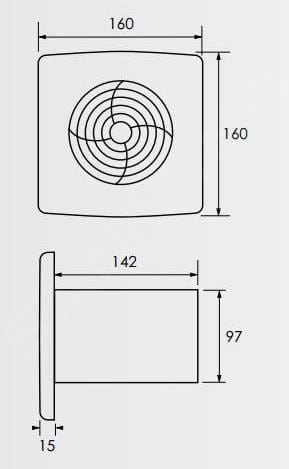 ZEHNDER SILENT TIMER axiální ventilátor 100 mm, nástěnný/stropní, s časovačem a zpětnou klapkou, bez předního panelu ZSR100TR Technický nákres