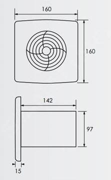 ZEHNDER SILENT TIMER axiální ventilátor 100 mm, nástěnný/stropní, s časovačem a zpětnou klapkou, bez předního panelu ZSR100TR Technický nákres