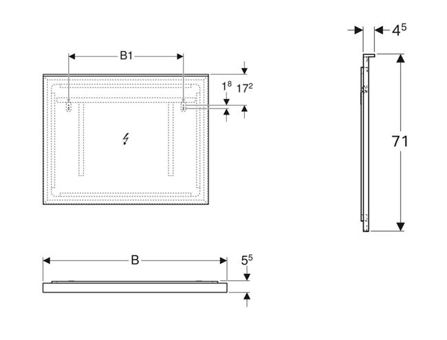 GEBERIT XENO 2 zrcadlo 120x71 cm, s osvětlením, s regulací stmívání, s vyhříváním, se senzorem 500.519.00.1 Technický nákres
