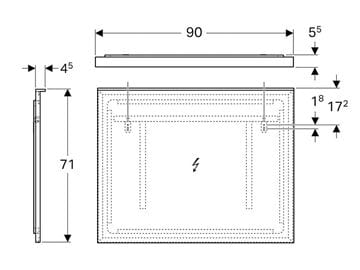 GEBERIT XENO2 zrcadlo 90x71 cm, s osvětlením, s regulací stmívání, s vyhříváním, se senzorem 500.522.00.1 Technický nákres