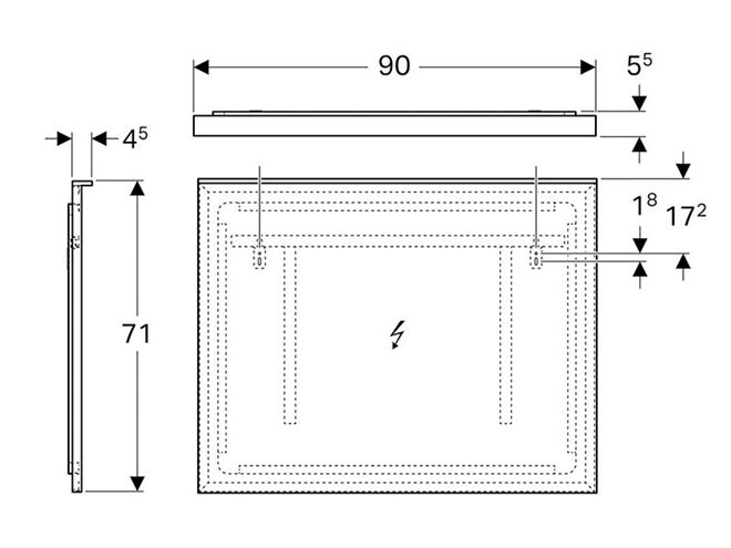 GEBERIT XENO2 zrcadlo 90x71 cm, s osvětlením, s regulací stmívání, s vyhříváním, se senzorem 500.522.00.1 Technický nákres