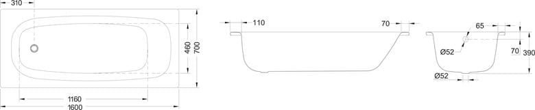 JIKA TANZA vana 170x70 cm, bez nožiček, smaltovaná ocel H2251800000001 Technický nákres