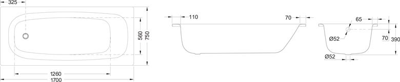 JIKA TANZA vana 170x75 cm, bez nožiček, smaltovaná ocel H2252200000001 Technický nákres
