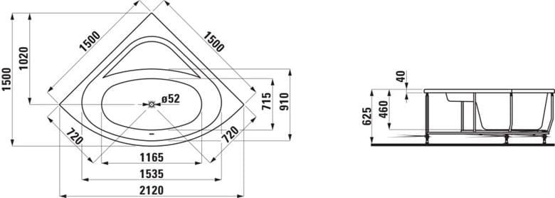 LAUFEN SOLUTIONS rohová vana 150x150 cm, s konstrukcí a čelním panelem, akrylát H2445070000001 Technický nákres