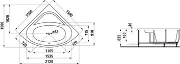 LAUFEN SOLUTIONS rohová vana 150x150 cm, s konstrukcí a čelním panelem, akrylát H2445070000001 Technický nákres