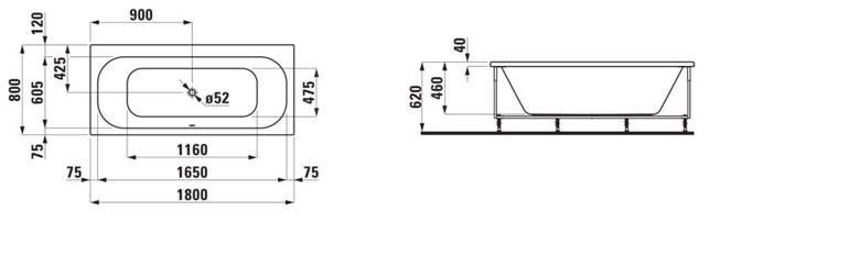 LAUFEN SOLUTIONS vana 180x80 cm, s konstrukcí, akrylát H2245010000001 Technický nákres