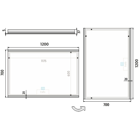 NIMCO ZP 12000 zrcadlo 120x70 cm, reverzibilní, s regulací teploty světla, s osvětlením, se senzorem ZP 12006V Technický nákres