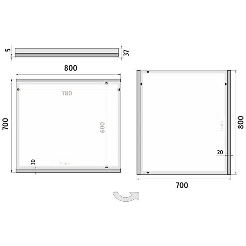 NIMCO ZP 12000 zrcadlo 80x70 cm, reverzibilní, s osvětlením ZP 12003 Technický nákres