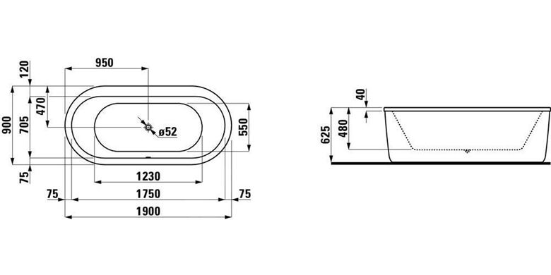 LAUFEN SOLUTIONS vana 190x90 cm, s konstrukcí, akrylát H2255110000001 Technický nákres