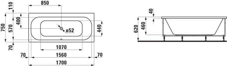 LAUFEN SOLUTIONS rohová vana 170x75 cm, s konstrukcí a L-panelem pravým, akrylát H2235360000001 Technický nákres