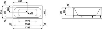 LAUFEN SOLUTIONS rohová vana 170x75 cm, s konstrukcí a L-panelem pravým, akrylát H2235360000001 Technický nákres