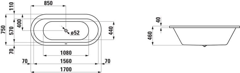 LAUFEN SOLUTIONS vana 170x75 cm, bez nožiček, akrylát H2225100000001 Technický nákres