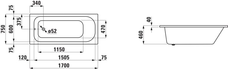 LAUFEN SOLUTIONS vana 170x75 cm, bez nožiček, akrylát H2235000000001 Technický nákres