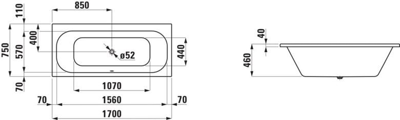 LAUFEN SOLUTIONS vana 170x75 cm, bez nožiček, akrylát H2235300000001 Technický nákres