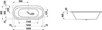 LAUFEN SOLUTIONS vana 180x80 cm, bez nožiček, akrylát H2245100000001 Technický nákres