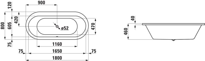 LAUFEN SOLUTIONS vana 180x80 cm, bez nožiček, akrylát H2245100000001 Technický nákres