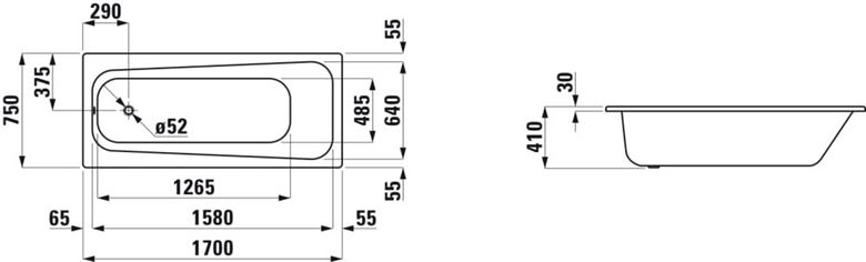 LAUFEN MODERNA PLUS vana 170x75 cm, bez nožiček, smaltovaná ocel, antislip H2251306000401 Technický nákres