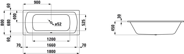 LAUFEN MODERNA PLUS vana 180x80 cm, pro 2 osoby, bez nožiček, smaltovaná ocel H2250600000401 Technický nákres