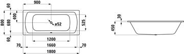 LAUFEN MODERNA PLUS vana 180x80 cm, pro 2 osoby, bez nožiček, smaltovaná ocel H2250600000401 Technický nákres