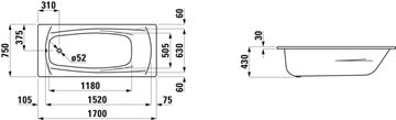 LAUFEN PALLADIUM vana 170x75 cm, bez nožiček, smaltovaná ocel H2251100000401 Technický nákres