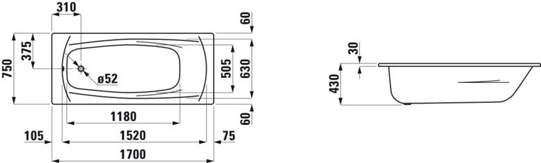 LAUFEN PALLADIUM vana 170x75 cm, bez nožiček, smaltovaná ocel H2251100000401 Technický nákres