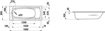 LAUFEN PALLADIUM vana 180x80 cm, bez nožiček, smaltovaná ocel H2251000000401 Technický nákres