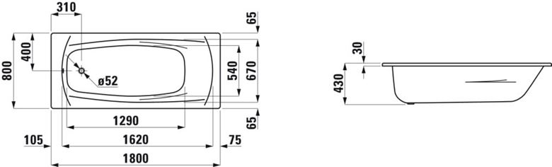 LAUFEN PALLADIUM vana 180x80 cm, bez nožiček, smaltovaná ocel H2251000000401 Technický nákres