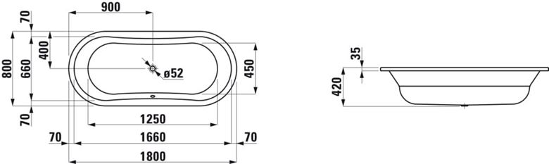 LAUFEN THALLIUM vana 180x80 cm, pro 2 osoby, bez nožiček, smaltovaná ocel H2250800000401 Technický nákres
