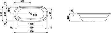 LAUFEN THALLIUM vana 180x80 cm, pro 2 osoby, bez nožiček, smaltovaná ocel H2250800000401 Technický nákres
