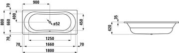 LAUFEN THALLIUM vana 180x80 cm, pro 2 osoby, bez nožiček, smaltovaná ocel H2250900000401 Technický nákres