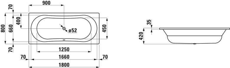LAUFEN THALLIUM vana 180x80 cm, pro 2 osoby, bez nožiček, smaltovaná ocel H2250900000401 Technický nákres