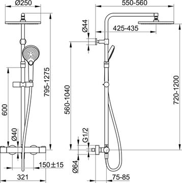 KEUCO PLAN BLUE sprchový set s termostatickou baterií, horní sprcha, ruční sprcha se 3 proudy, teleskopická tyč, hadice, matná černá 53926372321 Technický nákres
