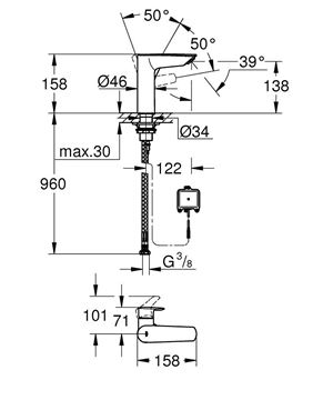 GROHE EUROSMART umyvadlová senzorové baterie, napájení z baterie, chrom 23975003 Technický nákres