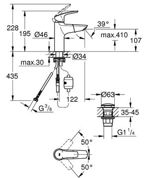 GROHE EUROSMART umyvadlová stojánková baterie, s vytahovací sprškou a odtokovou soupravou, chrom 23976003 Technický nákres