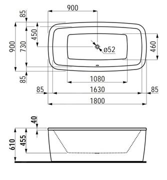LAUFEN PALOMBA COLLECTION volně stojící vana 180x90 cm, s konstrukcí a panelem, akrylát H2318000000001 Technický nákres