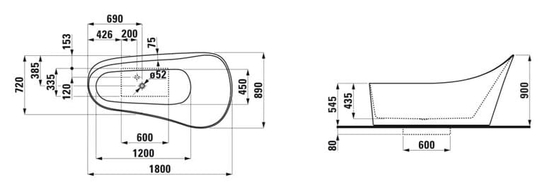 LAUFEN PALOMBA COLLECTION volně stojící vana 180x90 cm, s odtokovou soupravou, sentec H2458020000001 Technický nákres