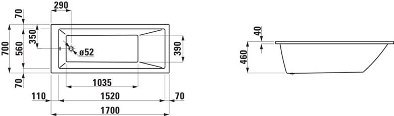 LAUFEN PRO vana 170x70 cm, bez nožiček, akrylát H2309500000001 Technický nákres