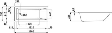LAUFEN PRO vana 170x75 cm, bez nožiček, akrylát H2319500000001 Technický nákres