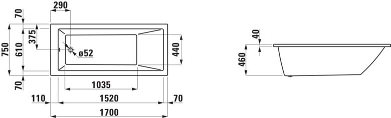 LAUFEN PRO vana 170x75 cm, bez nožiček, akrylát H2319500000001 Technický nákres