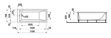 LAUFEN PRO volně stojící vana 170x75 cm, s hliníkovou konstrukcí, akrylát H2319510000001 Technický nákres