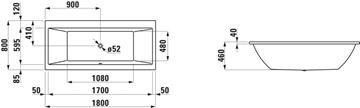 LAUFEN PRO vana 180x80 cm, bez nožiček, akrylát H2329500000001 Technický nákres