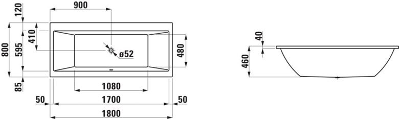 LAUFEN PRO vana 180x80 cm, bez nožiček, akrylát H2329500000001 Technický nákres